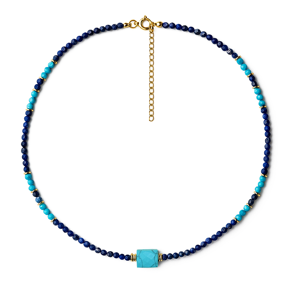 Collier perles doré Or jaune 18k assemblé de Lapis-lazuli et de Turquoise
