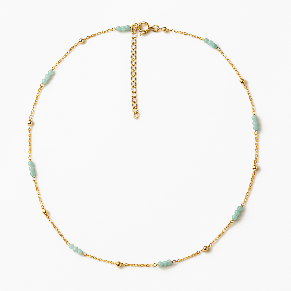 Collier perles et chaîne dorée Or jaune 19k assemblé d'Amazonite
