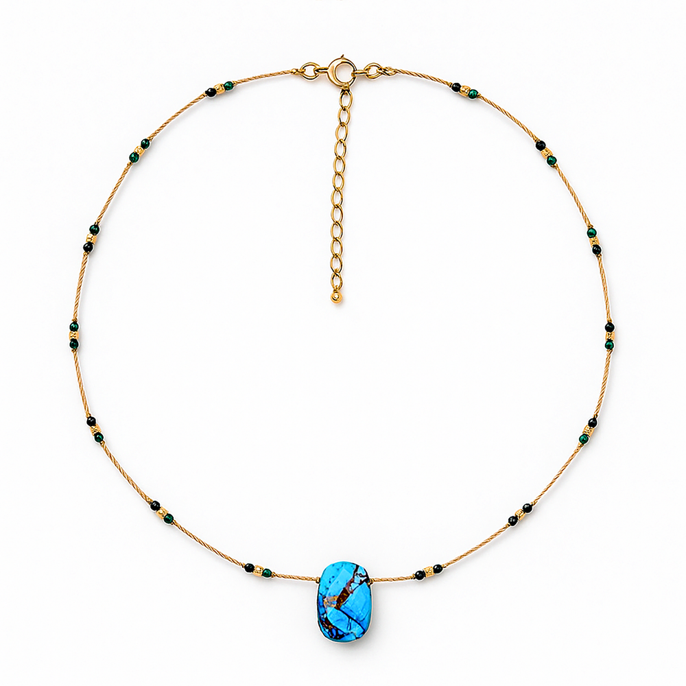 Collier perles et chaîne dorée Or jaune 18k assemblé de Turquoise et de Malachite